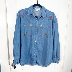VTG Denim Chambray Collared Button Down Shirt Top Embroidered Velour Flowers L